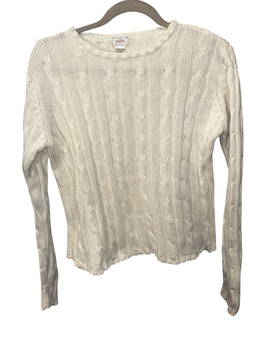 ALPS classic white cotton cable knit crew neck Perfect Summer sweater L